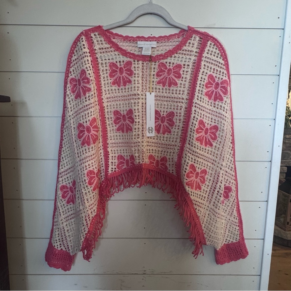 House of Harlow Pink Bow Crochet Sweater. Sz.OS Granny square Shawl/poncho